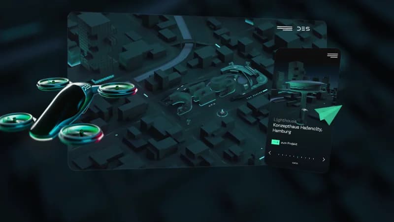 Modular 3D portfolio website with drone flight through the project world.