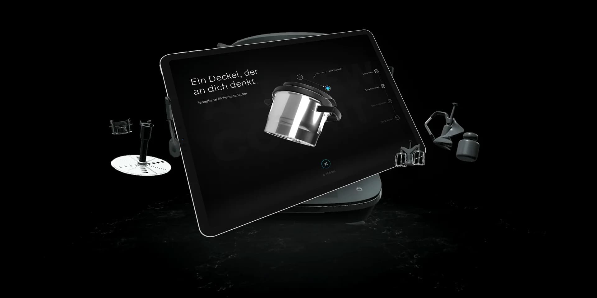 Screenshot of the iPad app with interactive product journey, menu bar, and example storyboard (placeholder).