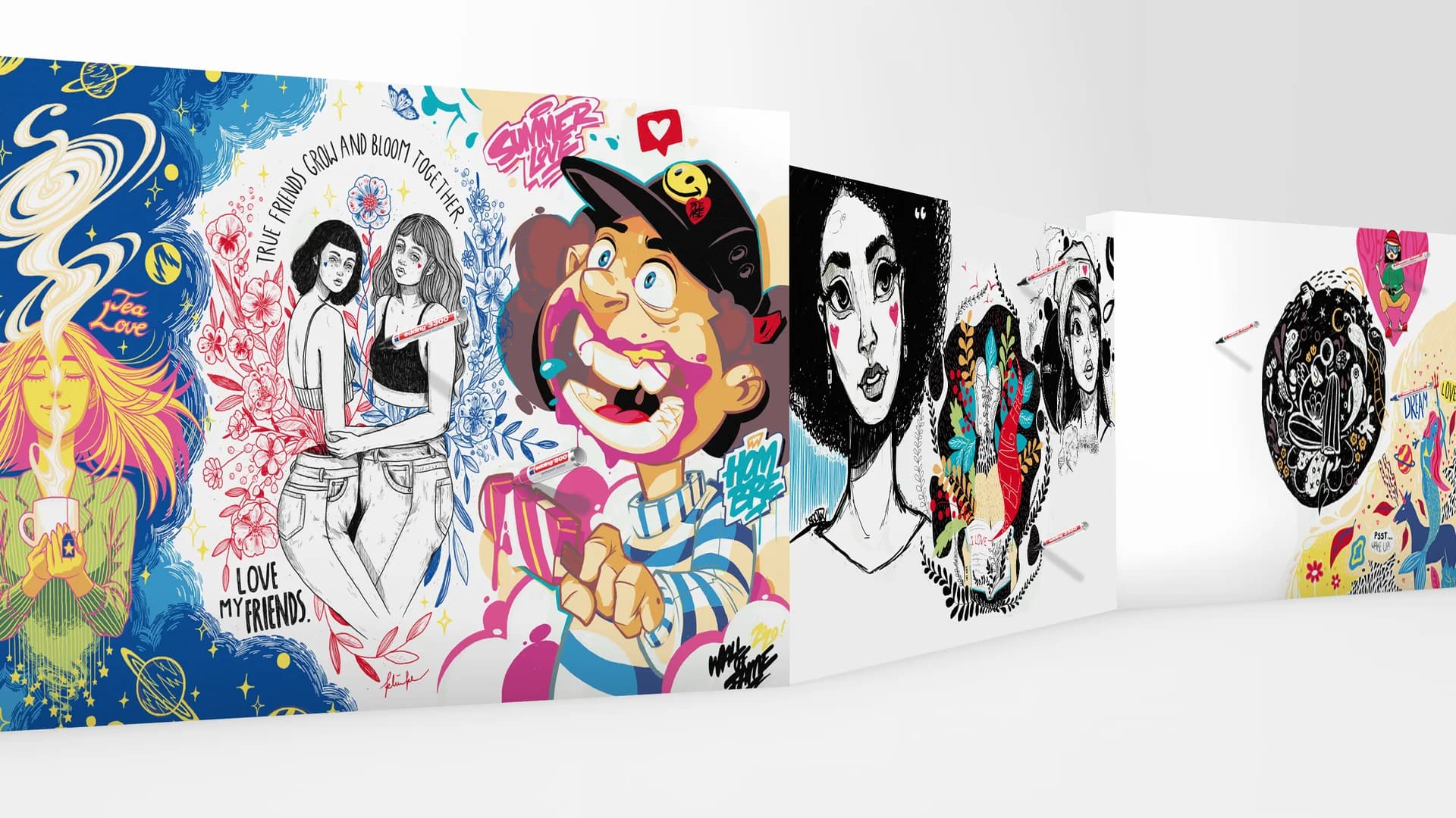Placeholder: Live view of the digital wall with colorful strokes and user avatars drawing.