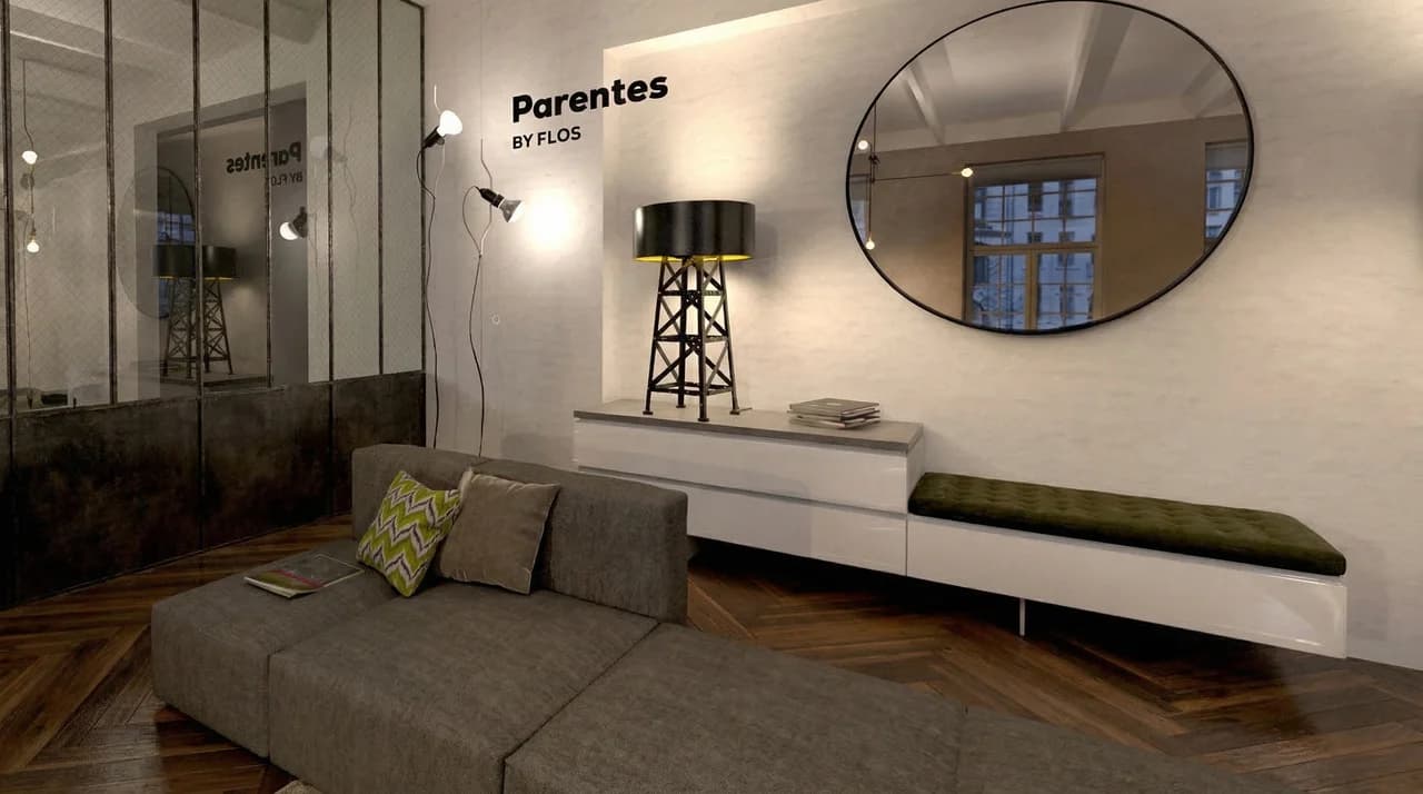 Render eines fotorealistischen Loft‑Raums mit wechselnder Tages‑ und Nachtstimmung und markierten konfigurierbaren Möbeln (Platzhalter).