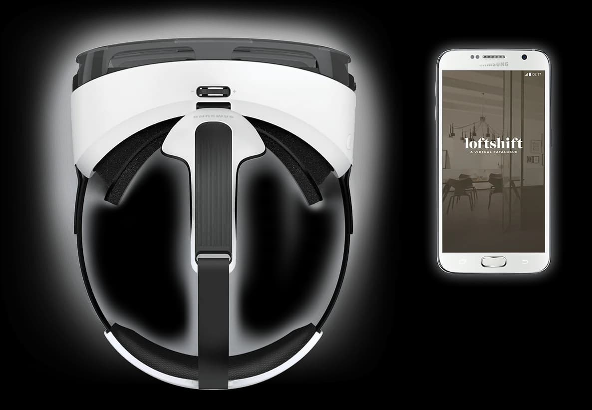 Nutzer mit Smartphone in einer Gear‑VR‑Halterung, der per Blick und Tap ein Sofa austauscht (Platzhalter).