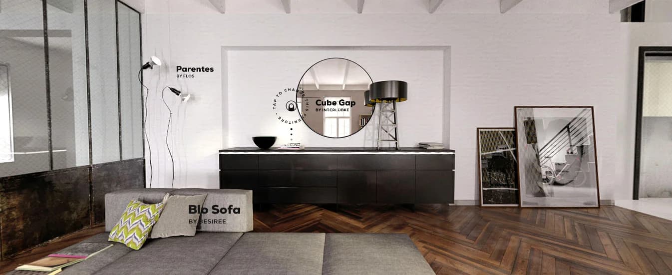 Platzhalterbild: Nutzer tauscht per Tap ein Sofa, Tag‑ und Nachtwechsel sowie Interface‑Marker sichtbar.