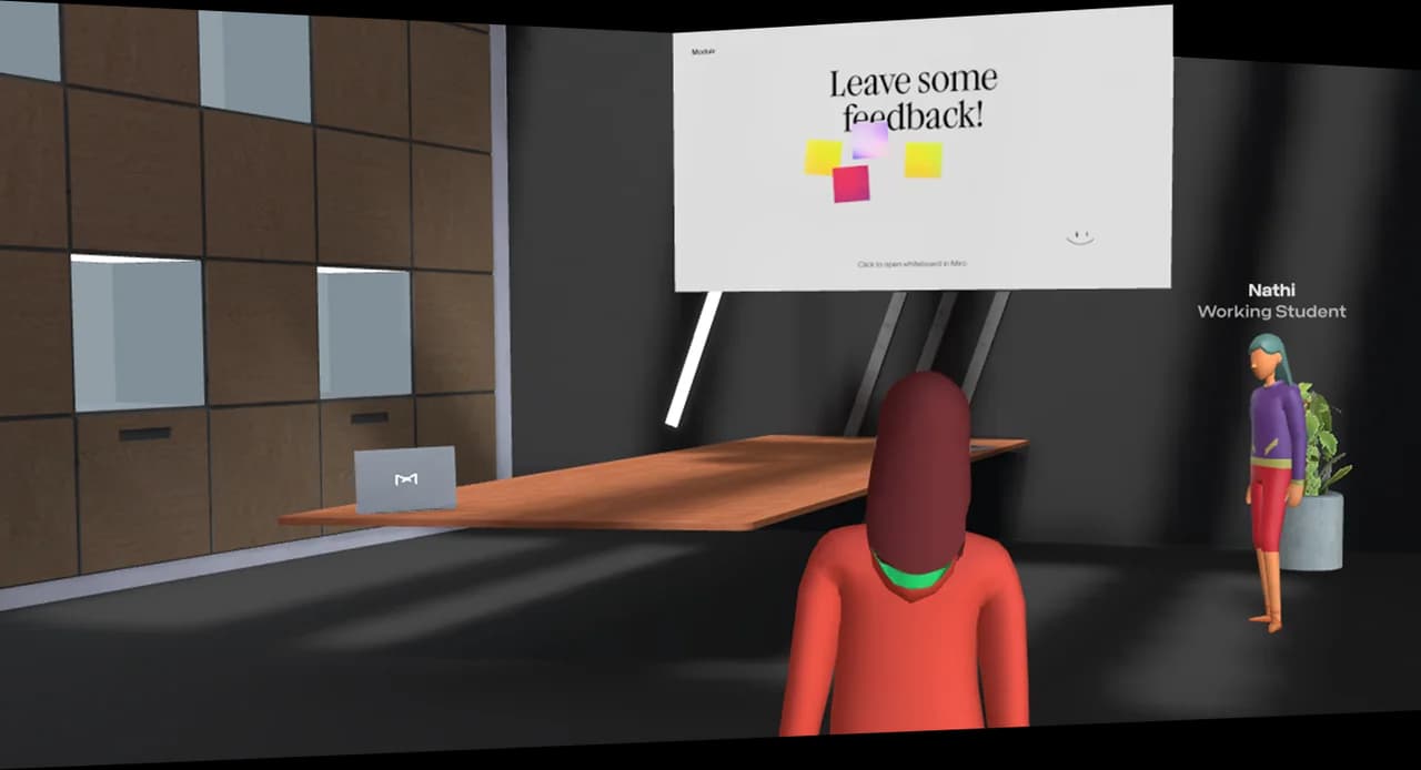 Placeholder: Auditorium with projected case studies, participant avatars, and interactive whiteboards.