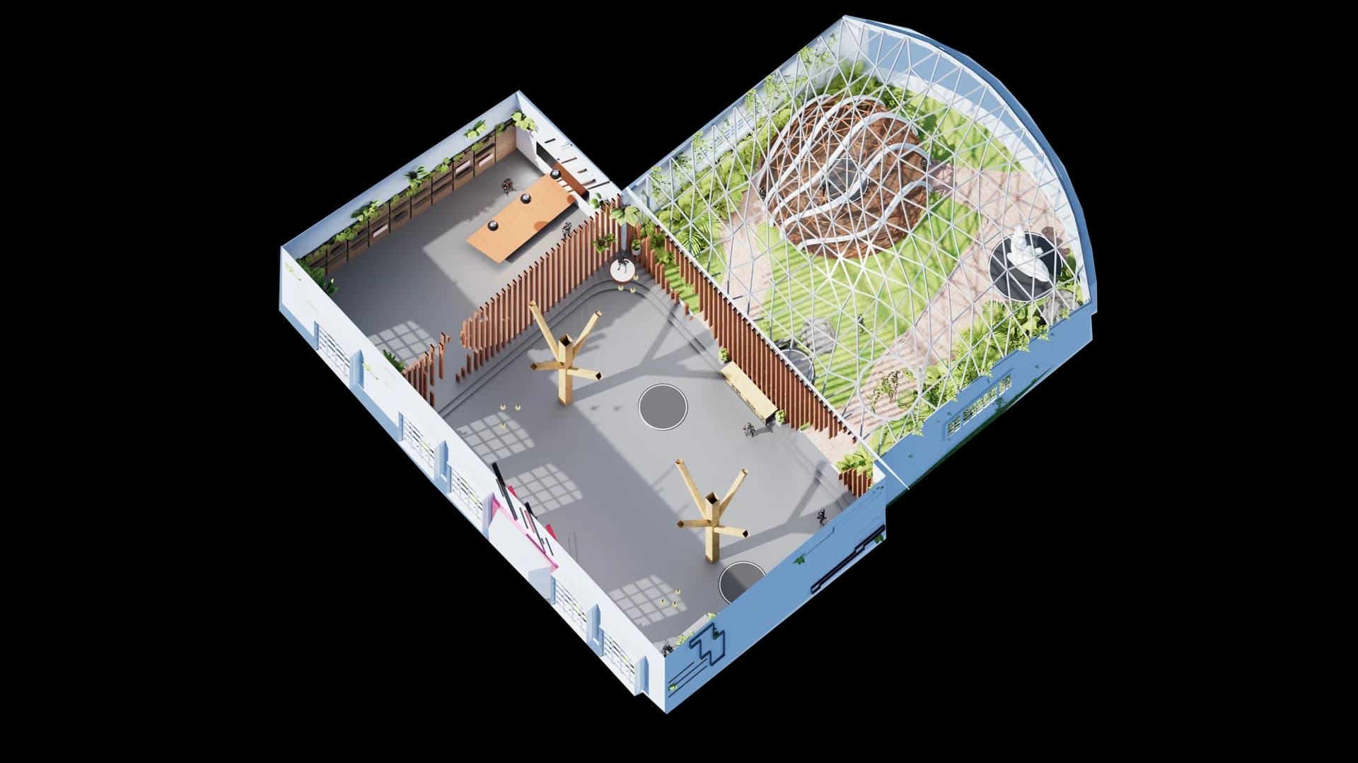 Placeholder: Wide-angle view of the virtual Rainhouse with a listed roof, natural light, modular furniture, and plants as anchors for brand aesthetics.