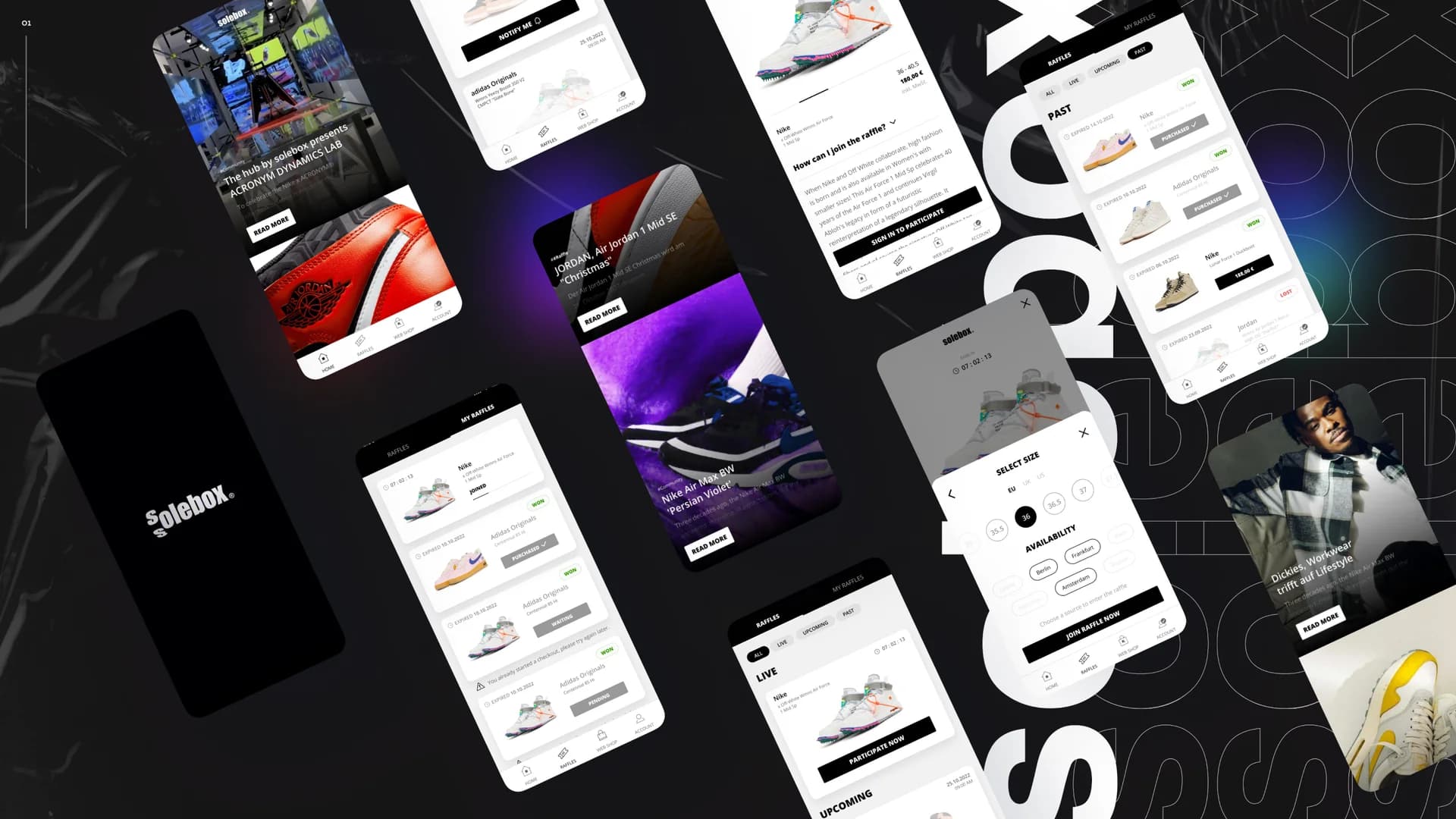 Mockup of the solebox app on a smartphone showing the raffle screen, win pass, and sneaker visuals.