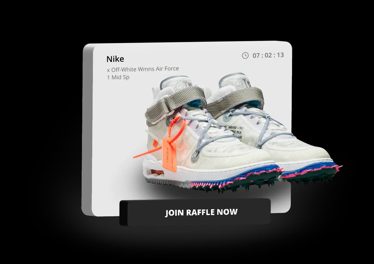 Screenshot of the raffle journey with size selection, pickup location, checkout, and digital win pass.